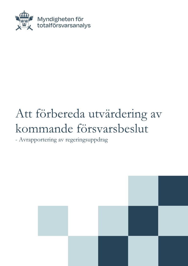 Omslagsbild av rapporten, innehåller logotyp, titel samt ett grafiskt element längst ner med blåa rutor.